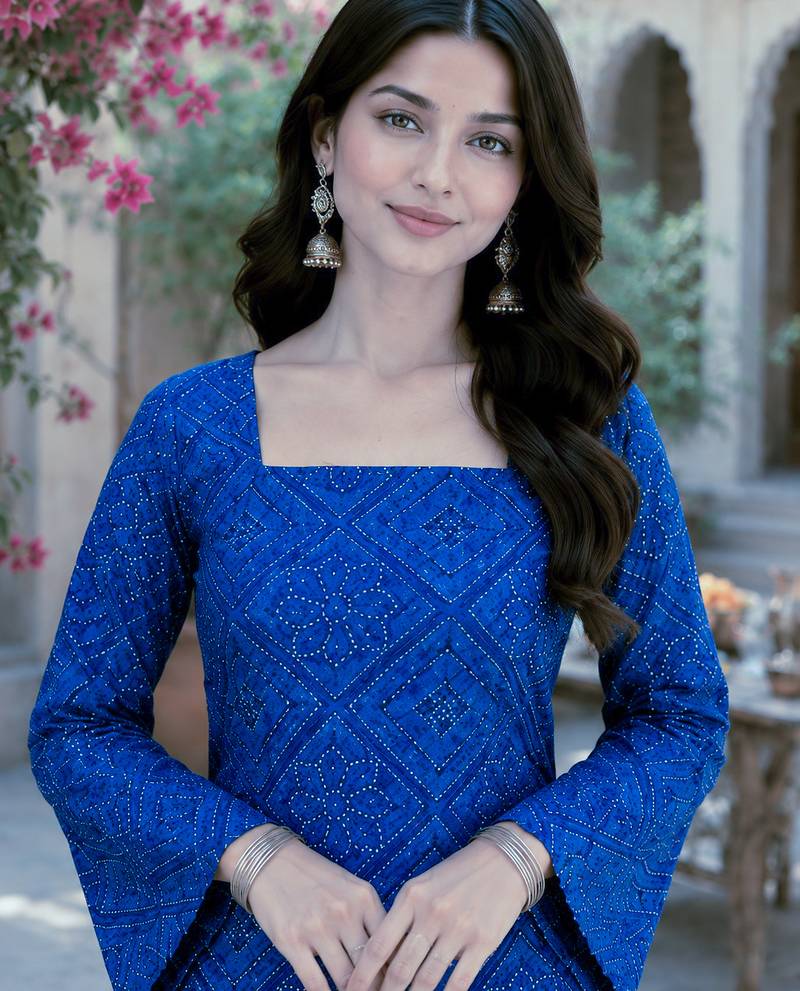 Blue bandhej print cotton top with bottom set