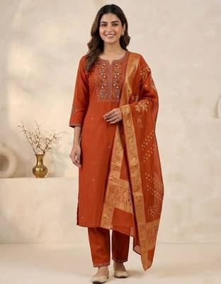 Orange viscose mango silk kurti pant set with jacquard dupatta 1