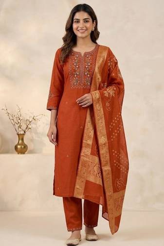 Orange viscose mango silk kurti pant set with jacquard dupatta
