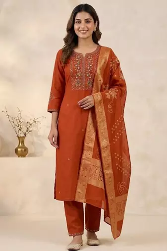 Orange viscose mango silk kurti pant set with jacquard dupatta