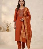 Orange viscose mango silk kurti pant set with jacquard dupatta