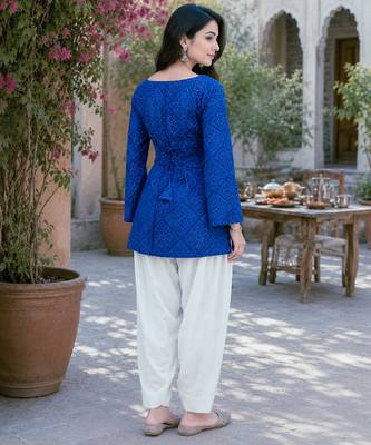Blue bandhej print cotton top with bottom set 4