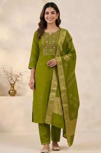 Green viscose mango silk kurti pant set with jacquard dupatta