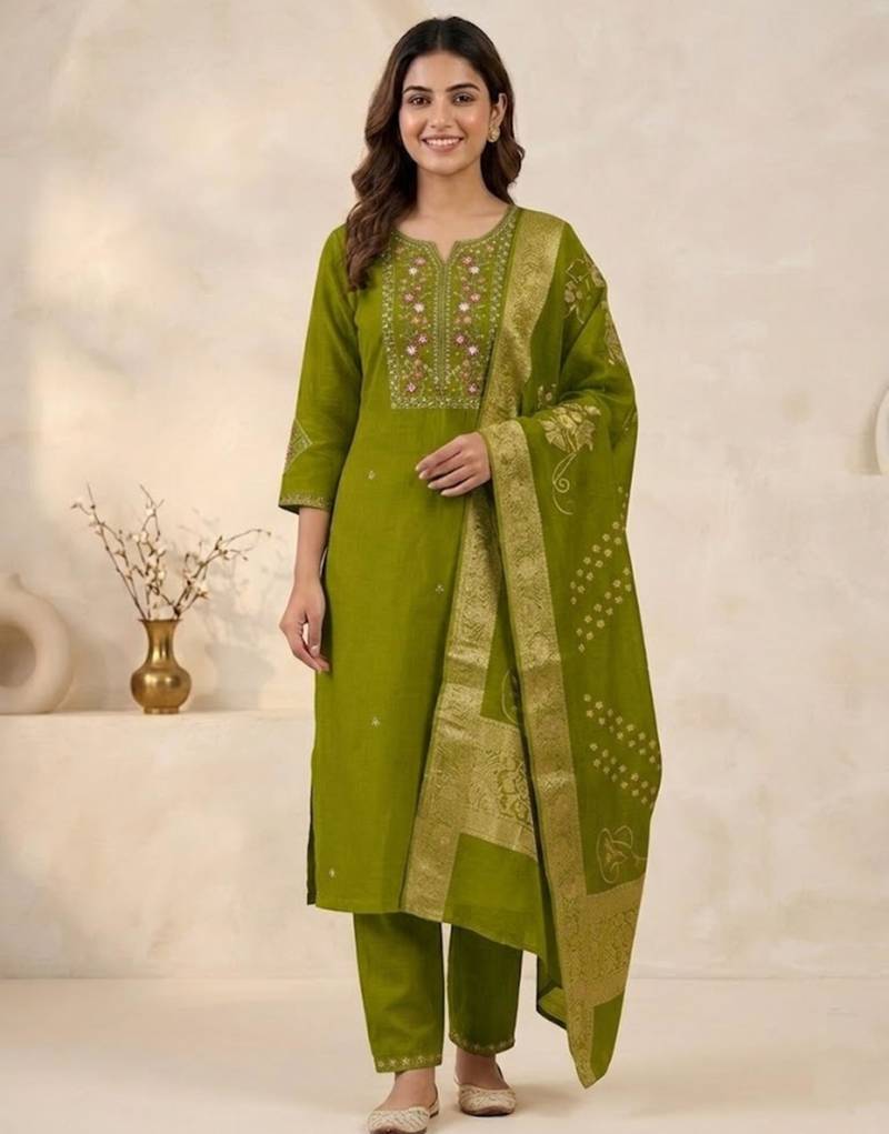 Green viscose mango silk kurti pant set with jacquard dupatta