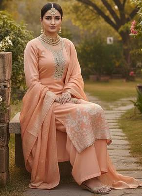 peach weaved dani cotton unstitched dress material  2