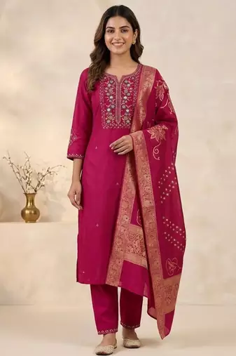 Rani viscose mango silk kurti pant set with jacquard dupatta