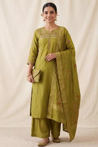 Embroidered green mango silk kurti, plazo & dupatta set
