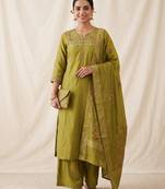 Embroidered green mango silk kurti, plazo & dupatta set