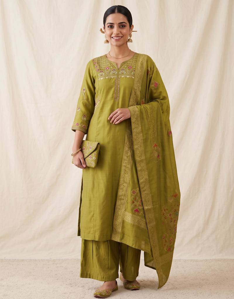 Embroidered green mango silk kurti, plazo & dupatta set