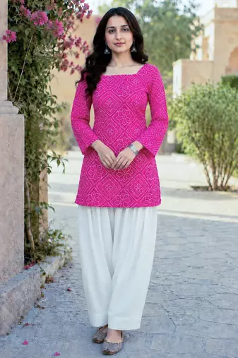 Pink bandhej print cotton top with bottom set