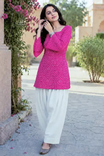 Pink bandhej print cotton top with bottom set