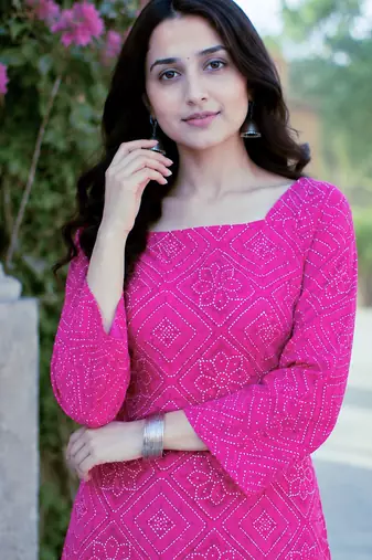 Pink bandhej print cotton top with bottom set