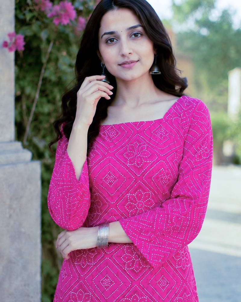 Pink bandhej print cotton top with bottom set