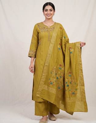 Embroidered mustard mango silk kurti, plazo & dupatta set 1