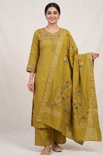 Embroidered mustard mango silk kurti, plazo & dupatta set
