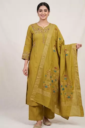 Embroidered mustard mango silk kurti, plazo & dupatta set
