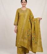 Embroidered mustard mango silk kurti, plazo & dupatta set