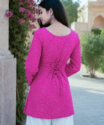 Pink bandhej print cotton top with bottom set 4