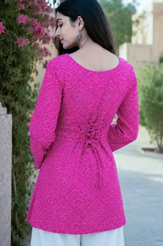 Pink bandhej print cotton top with bottom set
