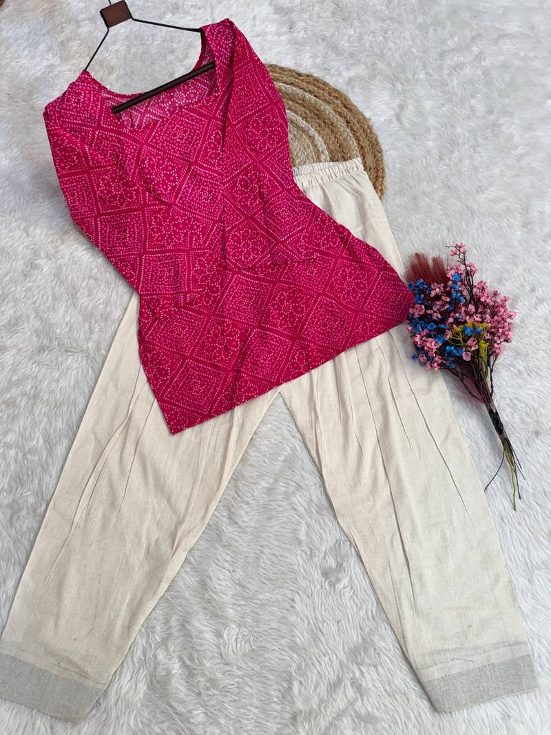 Pink bandhej print cotton top with bottom set