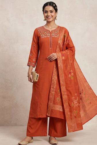 Embroidered orange mango silk kurti, plazo & dupatta set