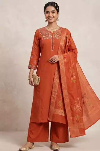 Embroidered orange mango silk kurti, plazo & dupatta set