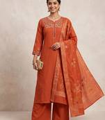 Embroidered orange mango silk kurti, plazo & dupatta set