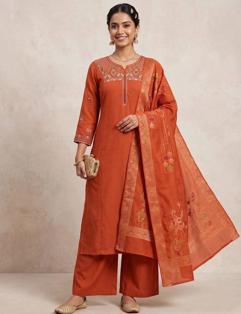 Embroidered orange mango silk kurti, plazo & dupatta set