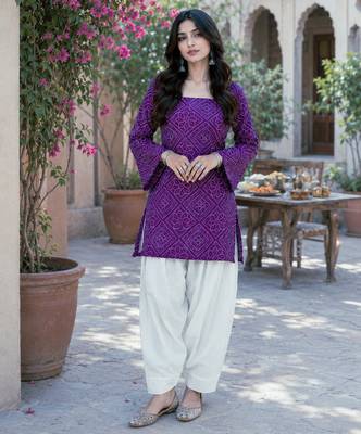 Purple bandhej print cotton top with bottom set 1
