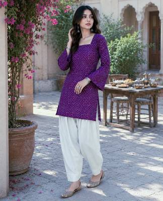 Purple bandhej print cotton top with bottom set 2