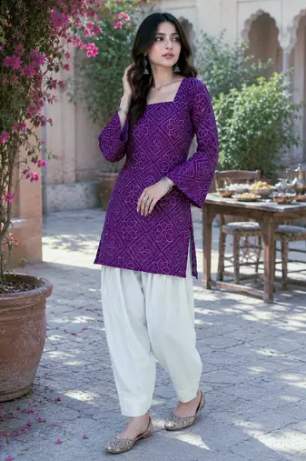 Purple bandhej print cotton top with bottom set