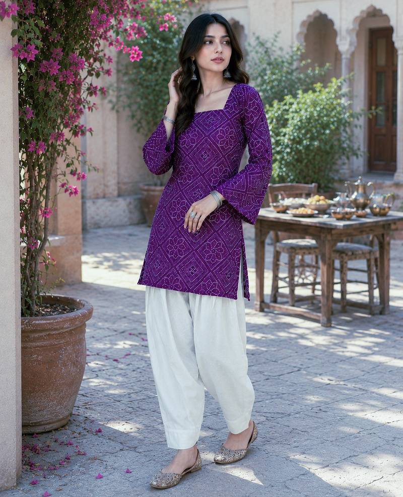 Purple bandhej print cotton top with bottom set