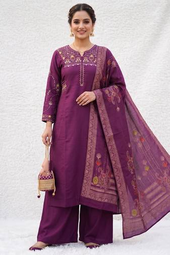 Embroidered purple mango silk kurti, plazo & dupatta set