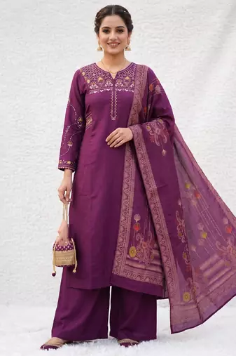 Embroidered purple mango silk kurti, plazo & dupatta set