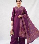 Embroidered purple mango silk kurti, plazo & dupatta set