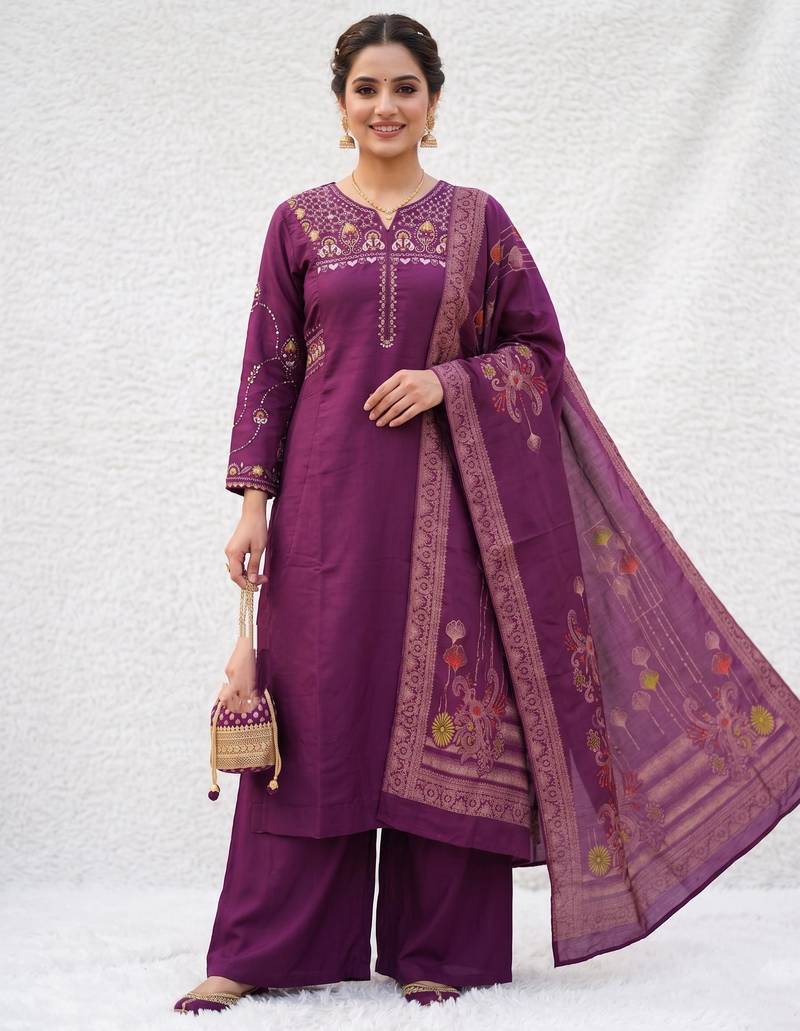 Embroidered purple mango silk kurti, plazo & dupatta set