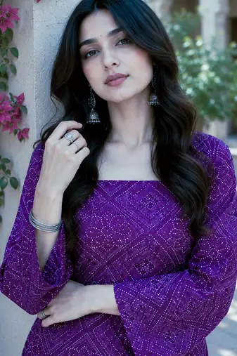 Purple bandhej print cotton top with bottom set