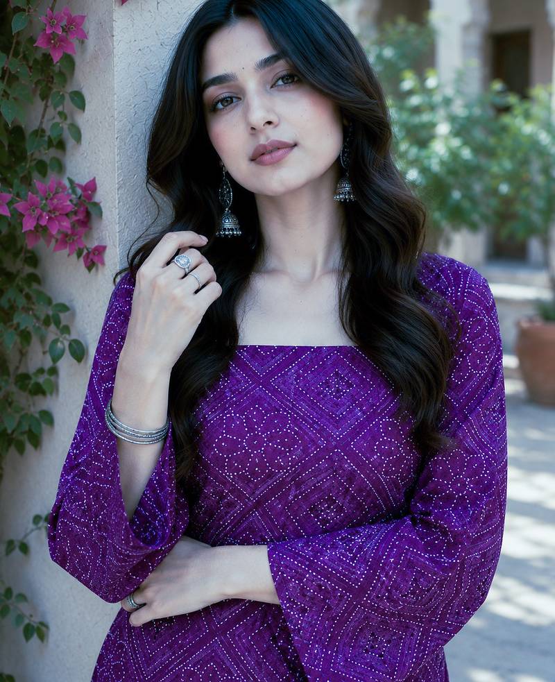Purple bandhej print cotton top with bottom set