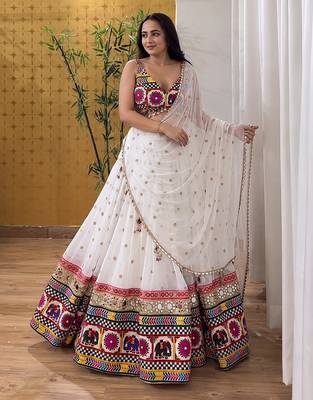 White Faux Georgette Semi-Stitched Lehenga Choli with Real Mirror & Chain Stitch Work for Navratri 1