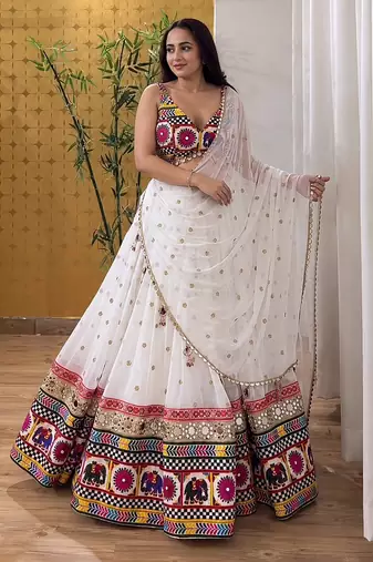 White Faux Georgette Semi-Stitched Lehenga Choli with Real Mirror & Chain Stitch Work for Navratri