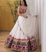 White Faux Georgette Semi-Stitched Lehenga Choli with Real Mirror & Chain Stitch Work for Navratri