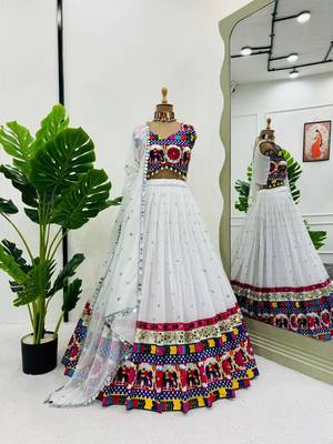 White Faux Georgette Semi-Stitched Lehenga Choli with Real Mirror & Chain Stitch Work for Navratri 2