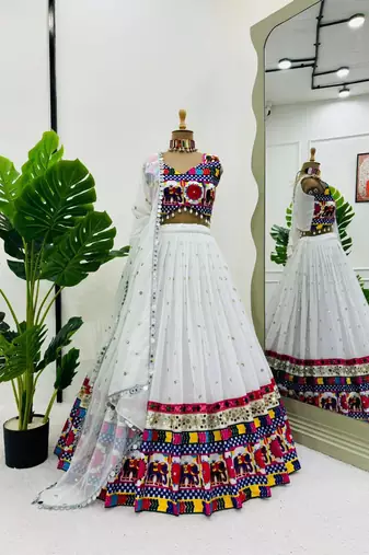 White Faux Georgette Semi-Stitched Lehenga Choli with Real Mirror & Chain Stitch Work for Navratri