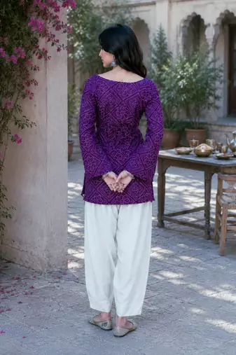 Purple bandhej print cotton top with bottom set