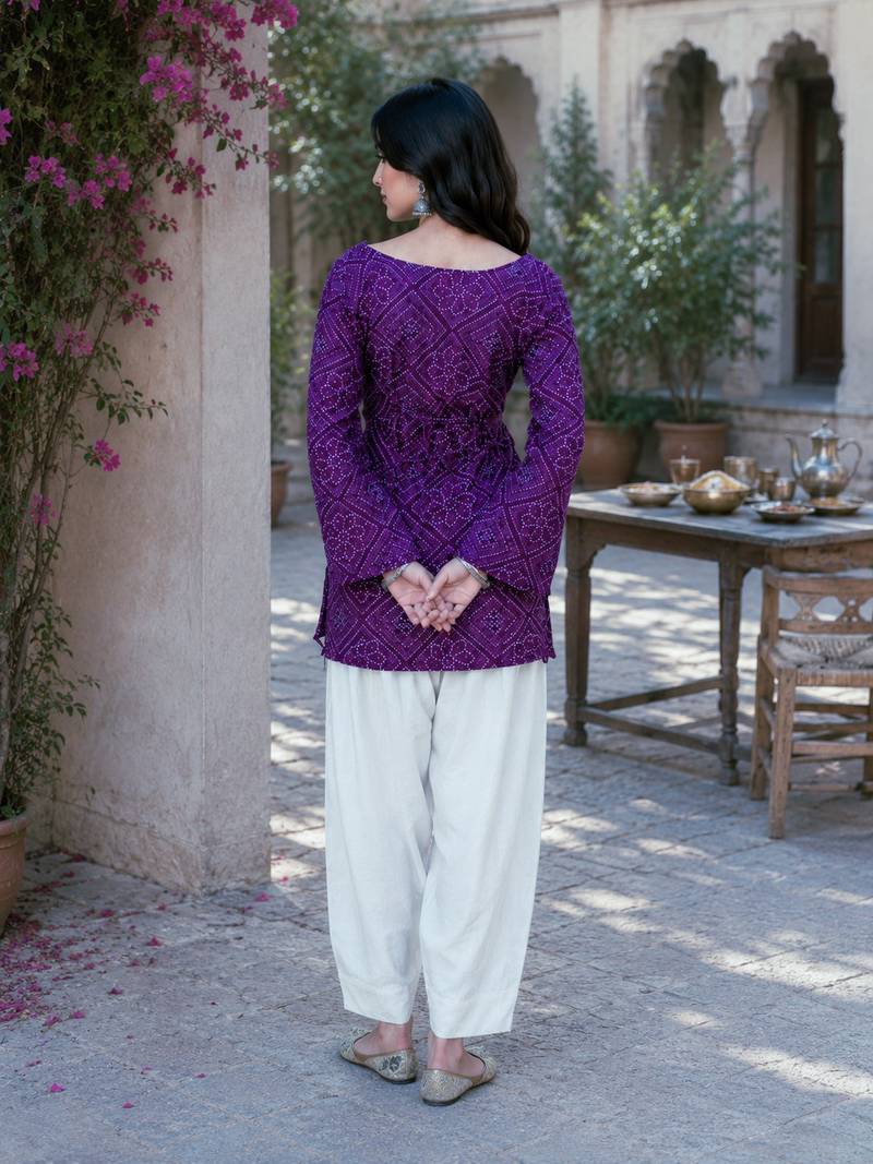 Purple bandhej print cotton top with bottom set
