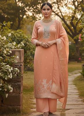 peach weaved dani cotton unstitched dress material  3