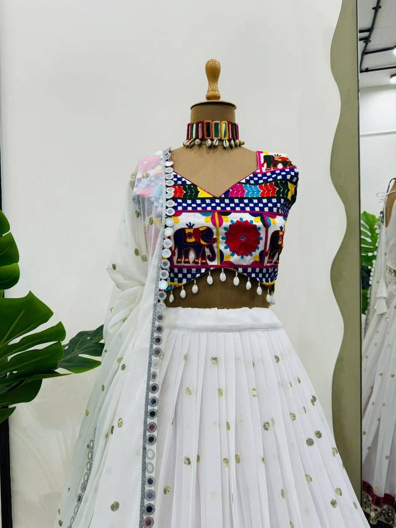White Faux Georgette Semi-Stitched Lehenga Choli with Real Mirror & Chain Stitch Work for Navratri