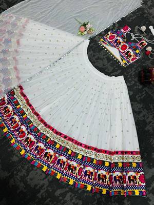 White Faux Georgette Semi-Stitched Lehenga Choli with Real Mirror & Chain Stitch Work for Navratri 4