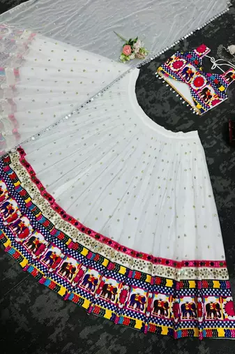 White Faux Georgette Semi-Stitched Lehenga Choli with Real Mirror & Chain Stitch Work for Navratri