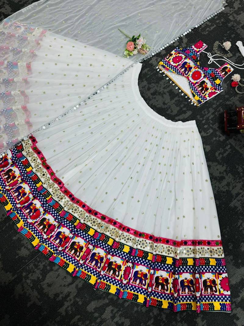 White Faux Georgette Semi-Stitched Lehenga Choli with Real Mirror & Chain Stitch Work for Navratri